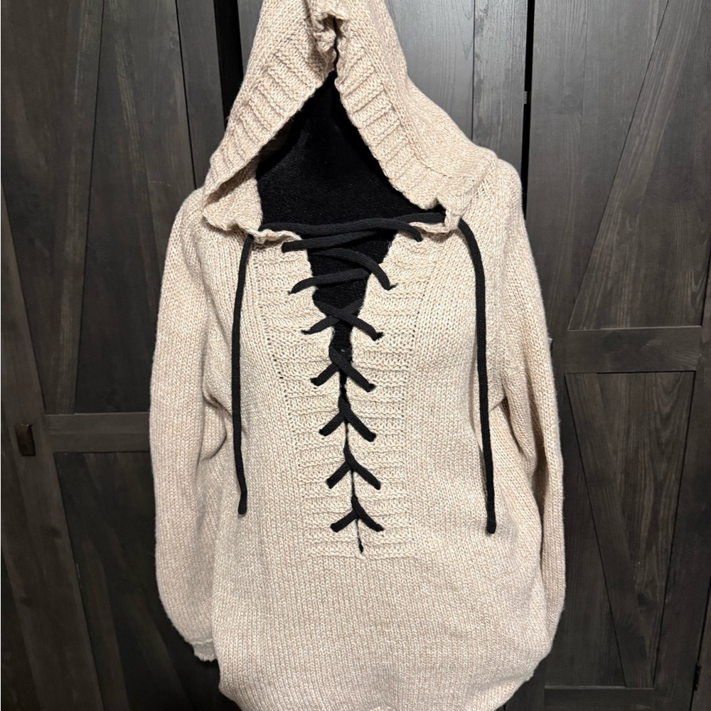 SHEIN Cream Hooded Sweater with Black Lace-Up